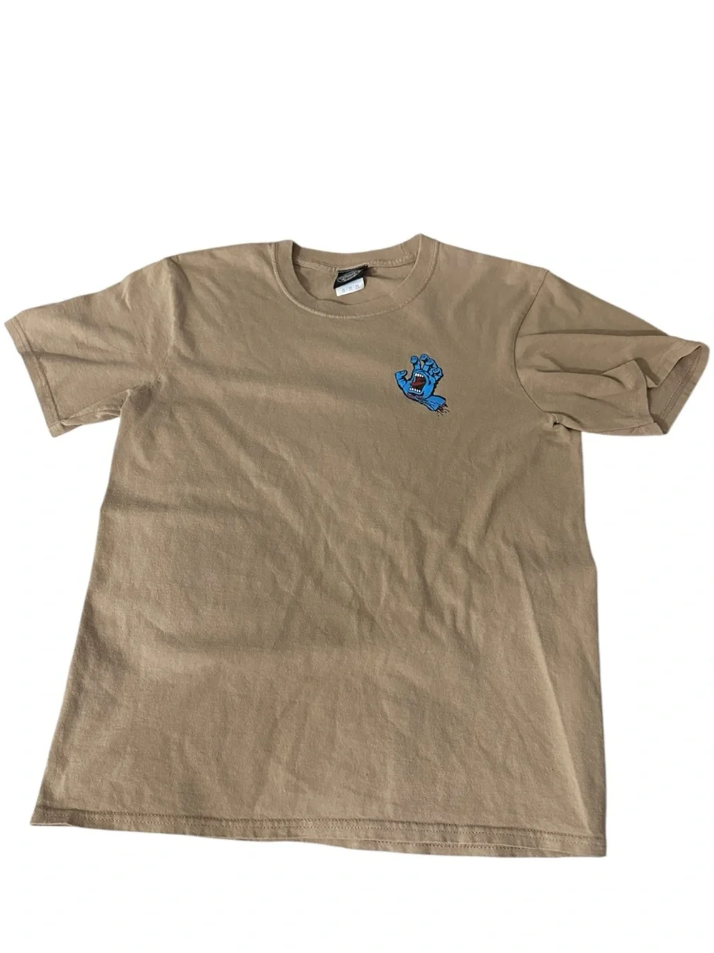 Santa Cruz Skateboards Tan T-Shirt with Blue Screaming Hand Boys XL